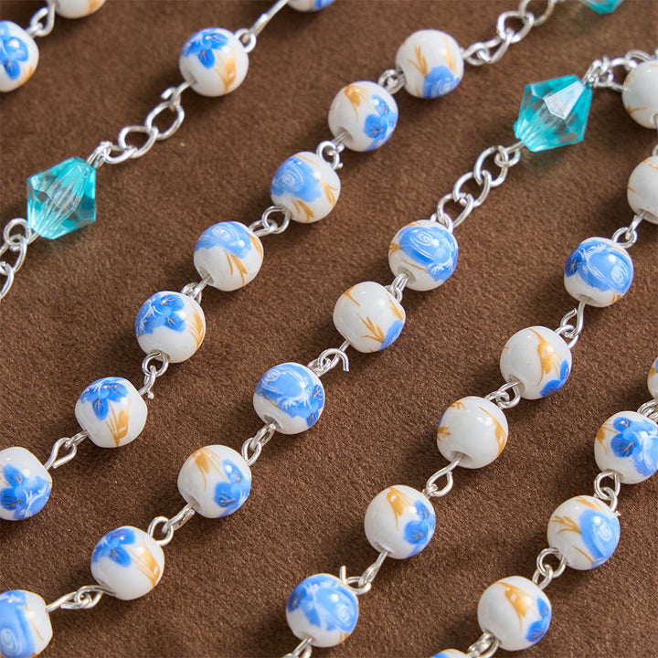 Christianartworkshop Soft Blue Floral Ceramic Bead Aqua Spacer Our Lady Crucifix Rosary - image 6