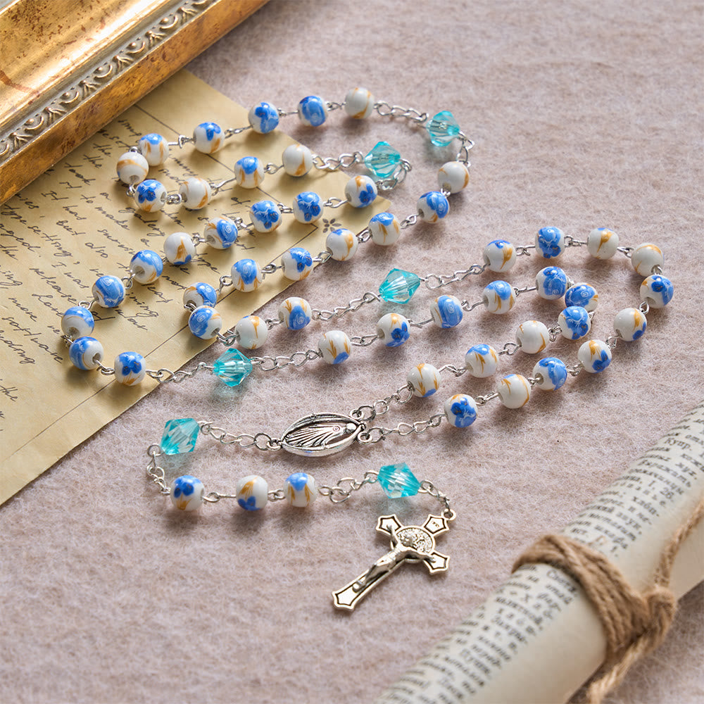 Christianartworkshop Soft Blue Floral Ceramic Bead Aqua Spacer Our Lady Crucifix Rosary - image 2