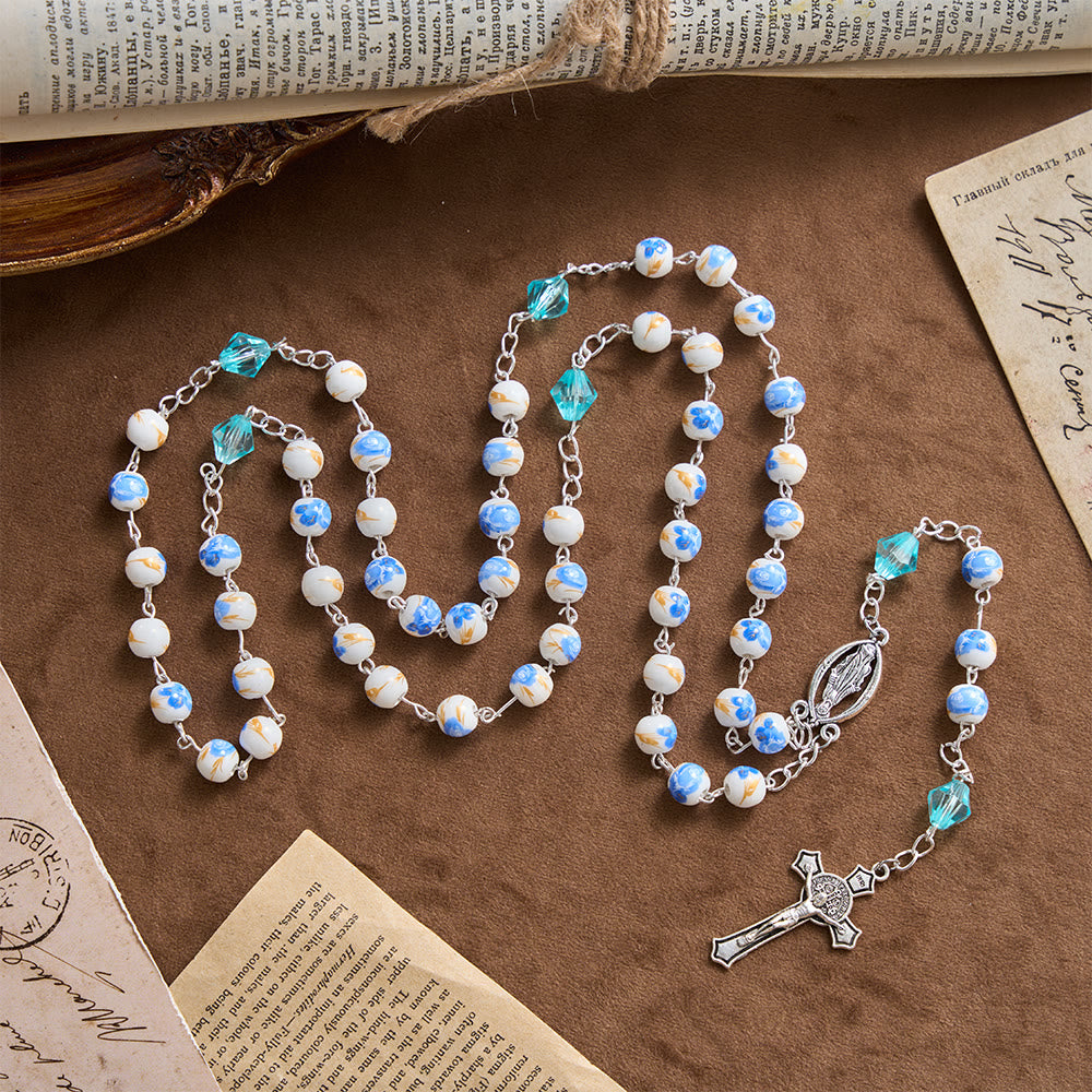 Christianartworkshop Soft Blue Floral Ceramic Bead Aqua Spacer Our Lady Crucifix Rosary - image 3