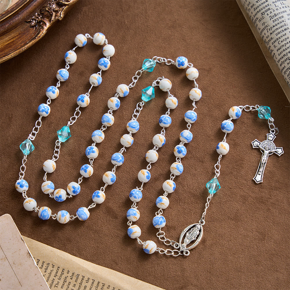 Christianartworkshop Soft Blue Floral Ceramic Bead Aqua Spacer Our Lady Crucifix Rosary - image 5
