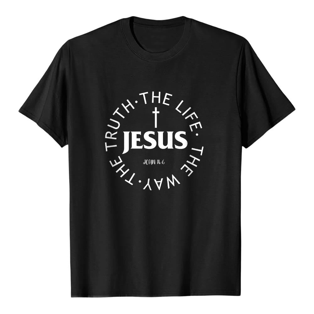 Christianartworkshop Centered Cross JESUS Circular Curved Verse Text John 14:6 Premium Short Sleeve T-Shirt - Black - 2XL - image 18