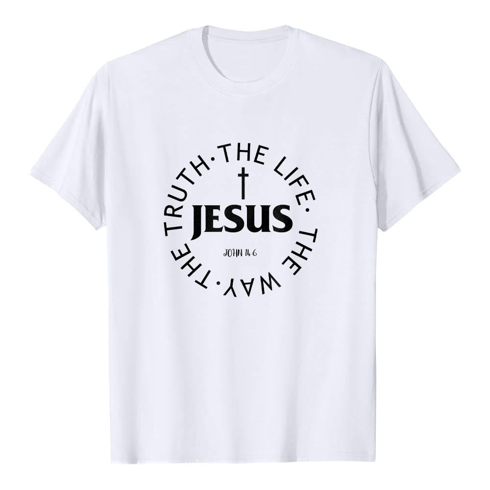 Christianartworkshop Centered Cross JESUS Circular Curved Verse Text John 14:6 Premium Short Sleeve T-Shirt - White - 2XL - image 6