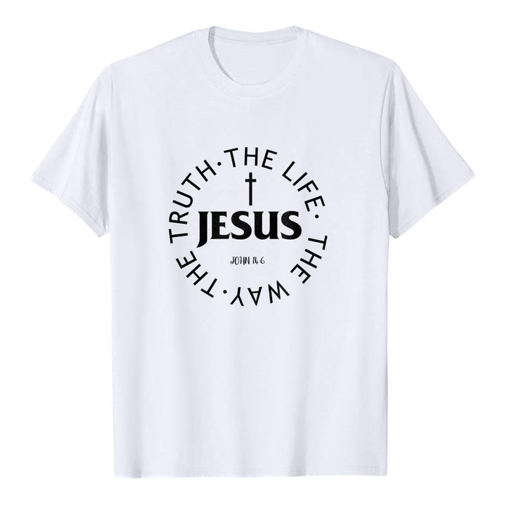 Christianartworkshop Centered Cross JESUS Circular Curved Verse Text John 14:6 Premium Short Sleeve T-Shirt - White - 2XL - image 6