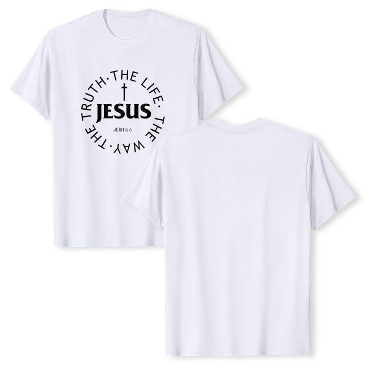 Christianartworkshop Centered Cross JESUS Circular Curved Verse Text John 14:6 Premium Short Sleeve T-Shirt - image 7