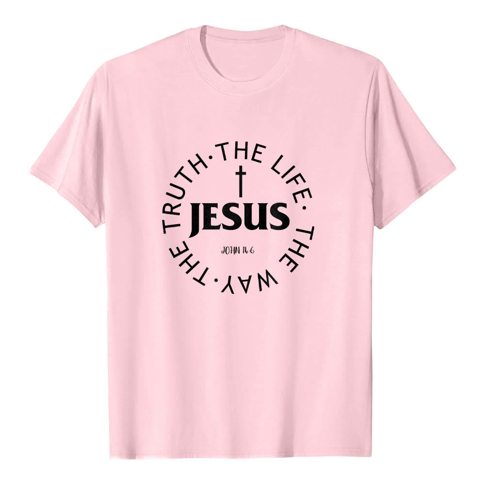 Christianartworkshop Centered Cross JESUS Circular Curved Verse Text John 14:6 Premium Short Sleeve T-Shirt - Pink - 2XL - image 24