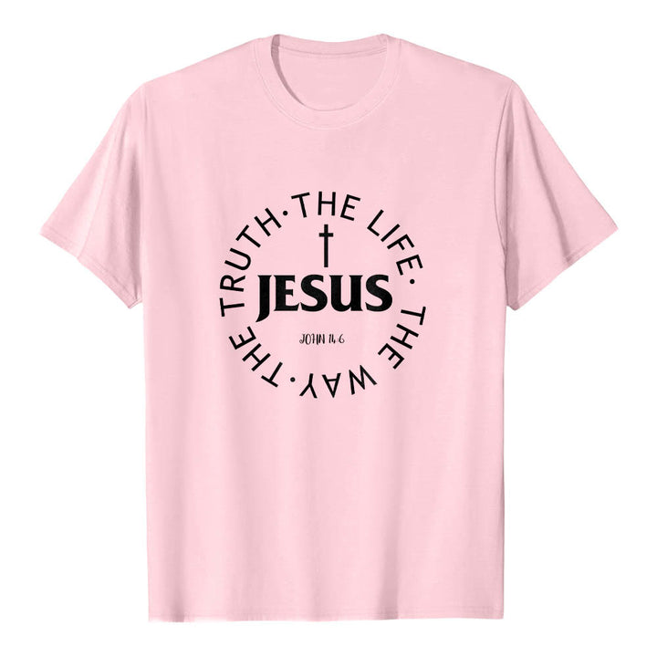Christianartworkshop Centered Cross JESUS Circular Curved Verse Text John 14:6 Premium Short Sleeve T-Shirt - Pink - 2XL - image 24