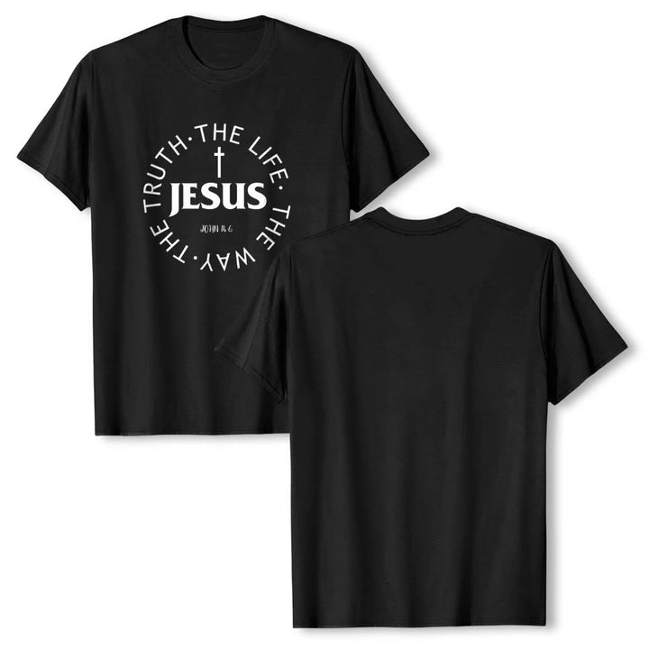 Christianartworkshop Centered Cross JESUS Circular Curved Verse Text John 14:6 Premium Short Sleeve T-Shirt - image 19
