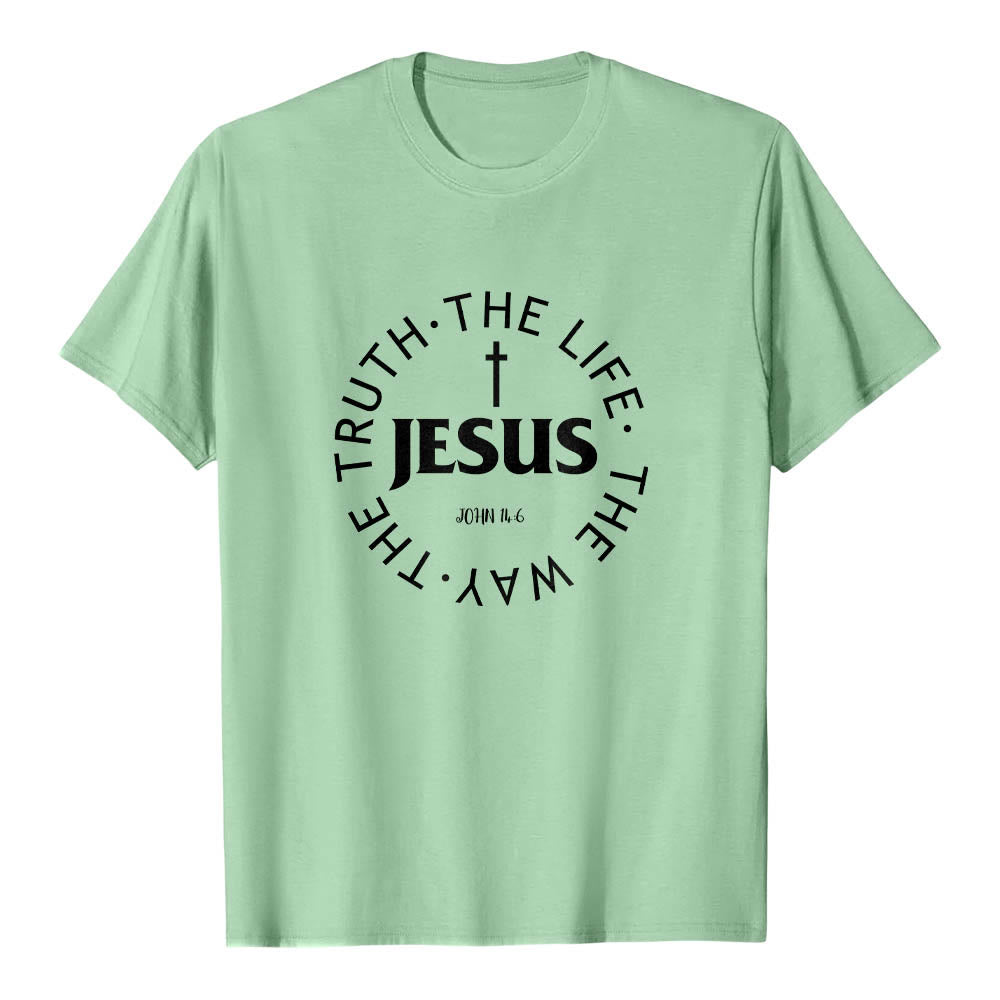 Christianartworkshop Centered Cross JESUS Circular Curved Verse Text John 14:6 Premium Short Sleeve T-Shirt - Light Green - 2XL - image 21
