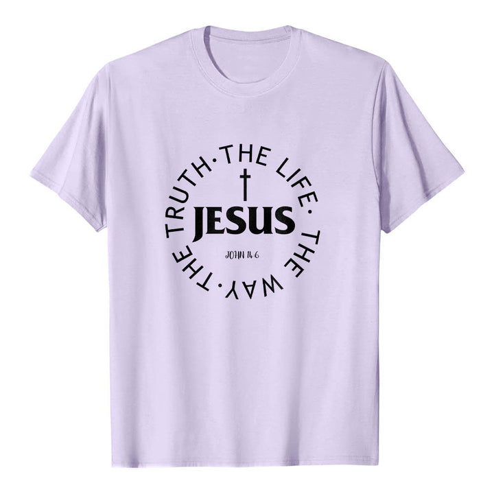 Christianartworkshop Centered Cross JESUS Circular Curved Verse Text John 14:6 Premium Short Sleeve T-Shirt - Purple - 2XL - image 15