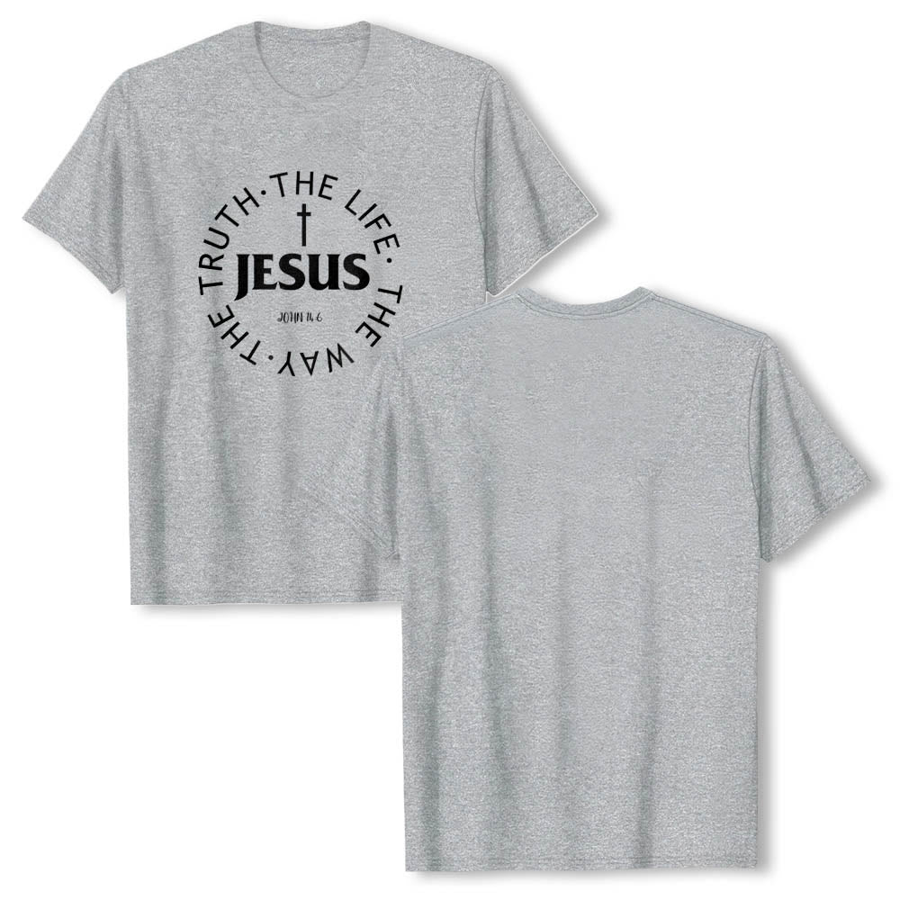 Christianartworkshop Centered Cross JESUS Circular Curved Verse Text John 14:6 Premium Short Sleeve T-Shirt - image 4