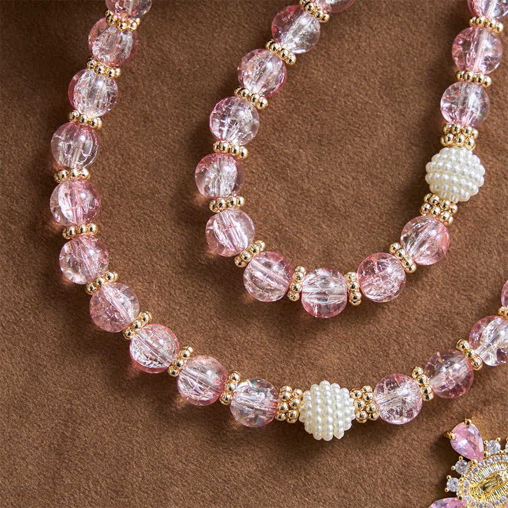 Christianartworkshop Glossy Transparent Crackle Glass Pink Tone Our Lady Accent Devotional Rosary - image 6