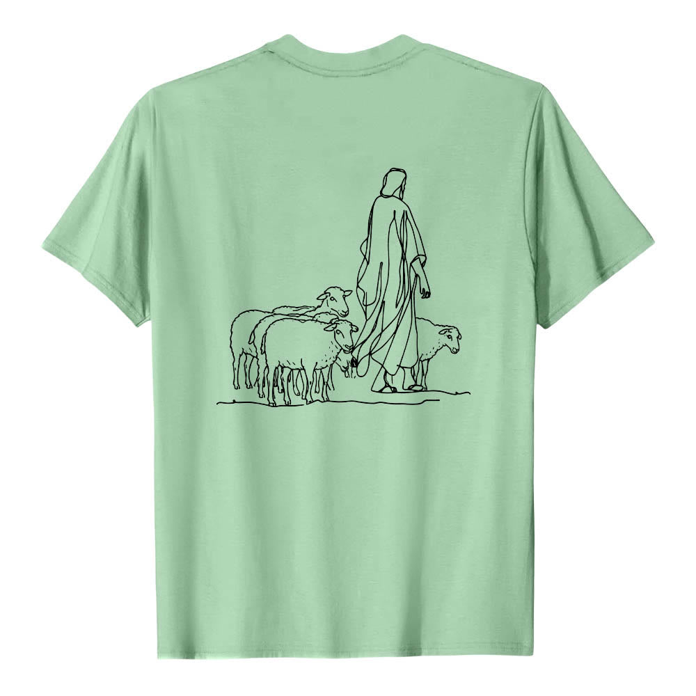 Christianartworkshop If You're Hanging On By A Thread Matthew 9:22 Front Shepherd & Sheep Drawing Back Premium Short Sleeve T-Shirt - image 23