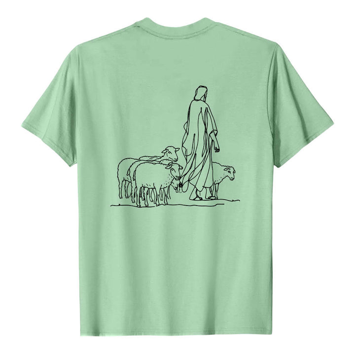 Christianartworkshop If You're Hanging On By A Thread Matthew 9:22 Front Shepherd & Sheep Drawing Back Premium Short Sleeve T-Shirt - image 23