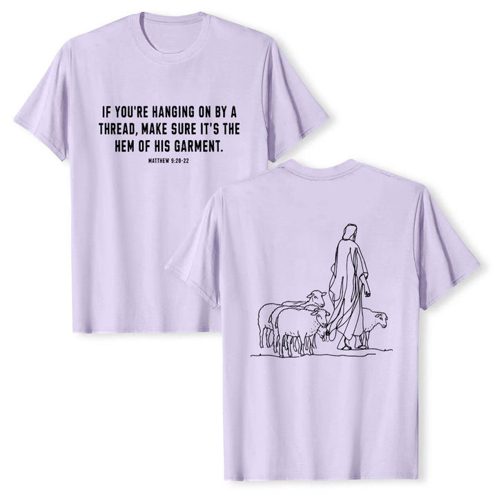 Christianartworkshop If You're Hanging On By A Thread Matthew 9:22 Front Shepherd & Sheep Drawing Back Premium Short Sleeve T-Shirt - Purple - 2XL - image 12