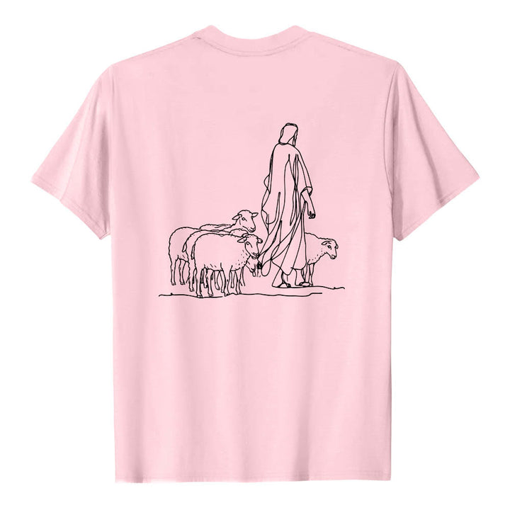 Christianartworkshop If You're Hanging On By A Thread Matthew 9:22 Front Shepherd & Sheep Drawing Back Premium Short Sleeve T-Shirt - image 26