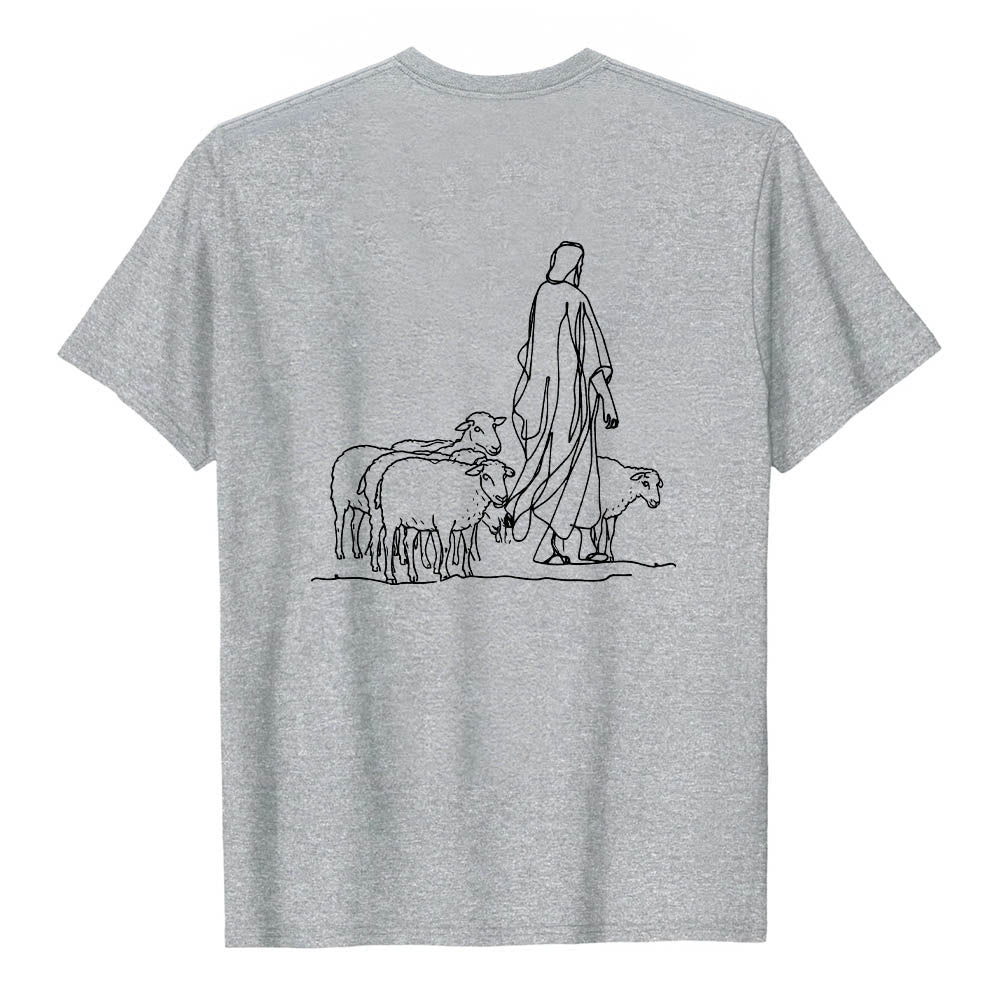 Christianartworkshop If You're Hanging On By A Thread Matthew 9:22 Front Shepherd & Sheep Drawing Back Premium Short Sleeve T-Shirt - image 2