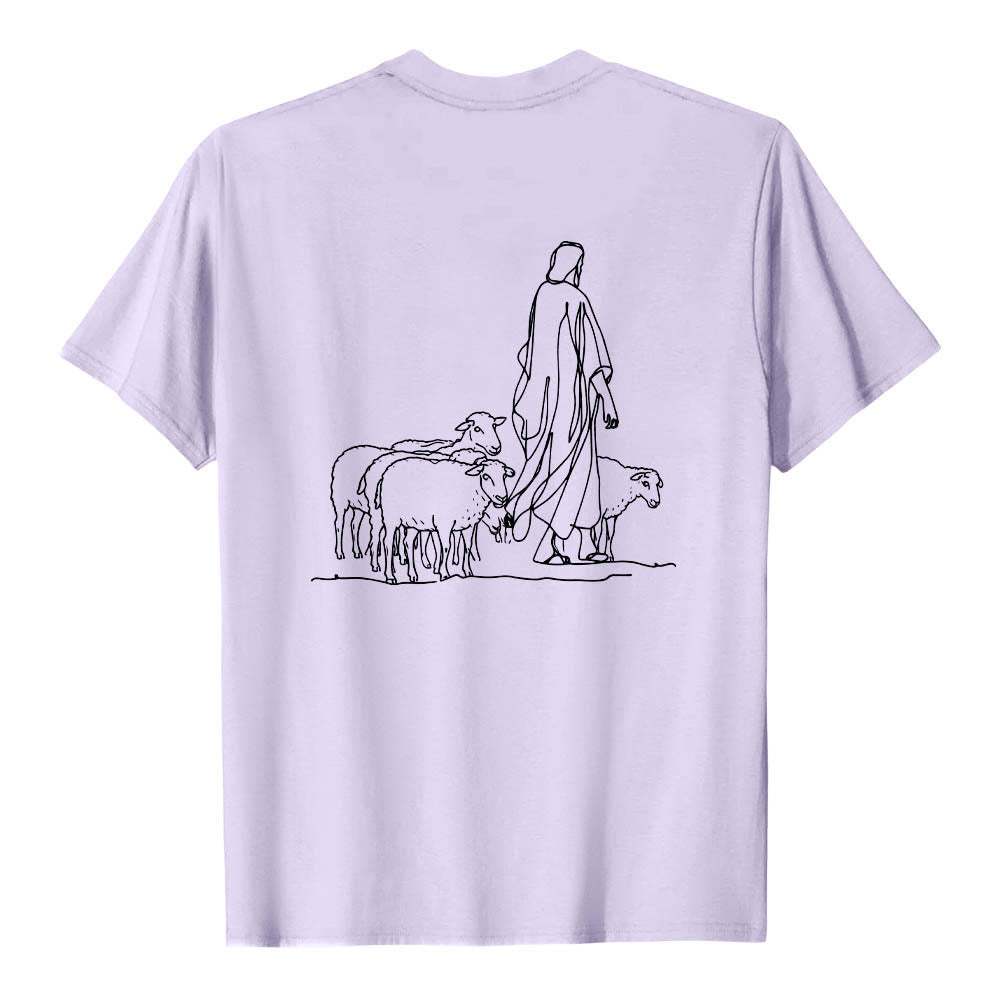 Christianartworkshop If You're Hanging On By A Thread Matthew 9:22 Front Shepherd & Sheep Drawing Back Premium Short Sleeve T-Shirt - image 14