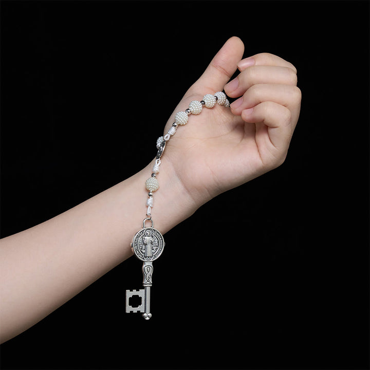 Christianartworkshop Pearl Cluster Bead Cord Pocket Rosary With Engraved St.Benedict Key Pendant - image 1