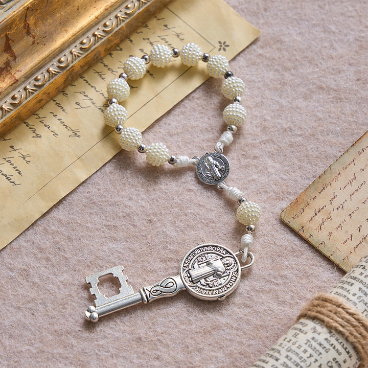 Christianartworkshop Pearl Cluster Bead Cord Pocket Rosary With Engraved St.Benedict Key Pendant - image 3