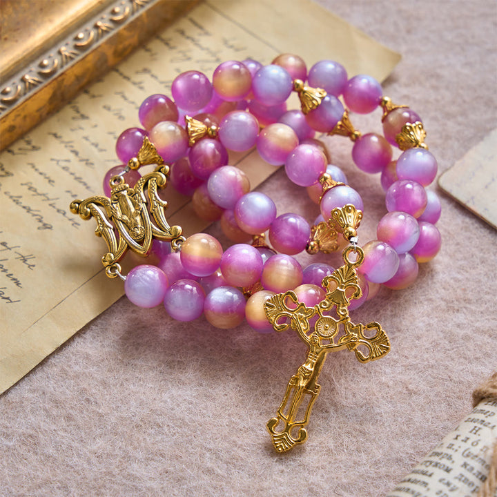 Christianartworkshop Gradient Iridescent Cat’s Eye Bead Crucifix & Arched Our Lady Prayer Rosary - image 4