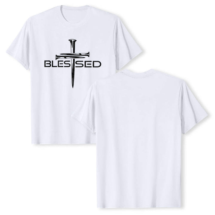 Christianartworkshop Blessed Three Nails Cross Split Bold Block Word Front Print Premium Short Sleeve T-Shirt - image 13
