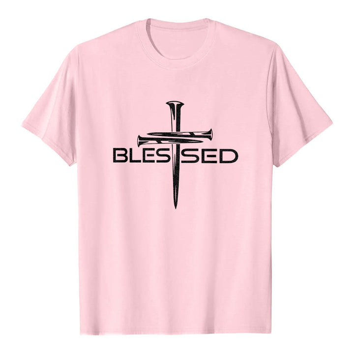 Christianartworkshop Blessed Three Nails Cross Split Bold Block Word Front Print Premium Short Sleeve T-Shirt - Pink - 2XL - image 24