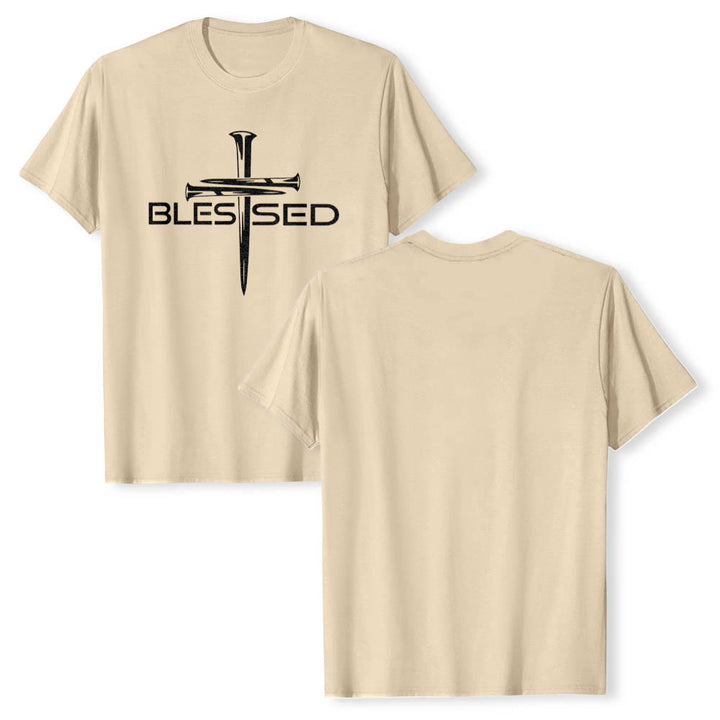 Christianartworkshop Blessed Three Nails Cross Split Bold Block Word Front Print Premium Short Sleeve T-Shirt - image 19