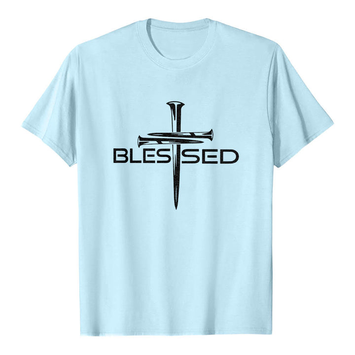 Christianartworkshop Blessed Three Nails Cross Split Bold Block Word Front Print Premium Short Sleeve T-Shirt - Blue - 2XL - image 6
