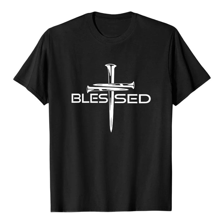 Christianartworkshop Blessed Three Nails Cross Split Bold Block Word Front Print Premium Short Sleeve T-Shirt - Black - 2XL - image 0