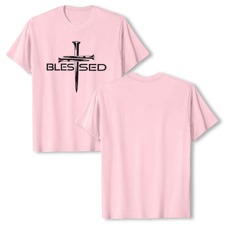Christianartworkshop Blessed Three Nails Cross Split Bold Block Word Front Print Premium Short Sleeve T-Shirt - image 25