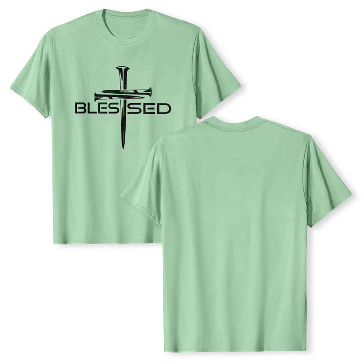 Christianartworkshop Blessed Three Nails Cross Split Bold Block Word Front Print Premium Short Sleeve T-Shirt - image 22