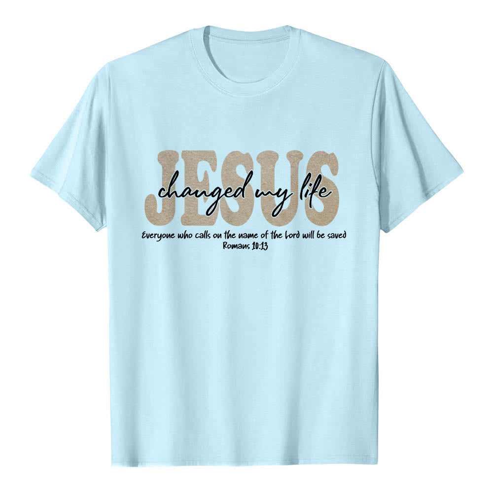 Christianartworkshop JESUS Overlay Cursive Changed My Life Romans 10:13 Triple Layer Text Premium Short Sleeve T-Shirt - Blue - 2XL - image 9