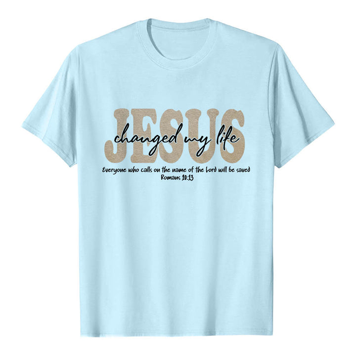Christianartworkshop JESUS Overlay Cursive Changed My Life Romans 10:13 Triple Layer Text Premium Short Sleeve T-Shirt - Blue - 2XL - image 9