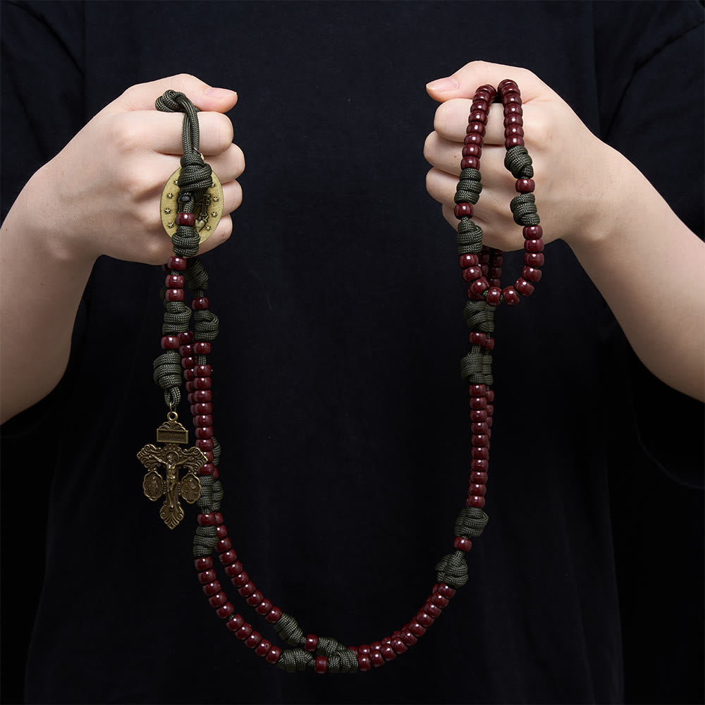 Christianartworkshop 15 Decade Paracord Brown Barrel Bead Miraculous Medal Triple Panel Crucifix Rosary - image 1