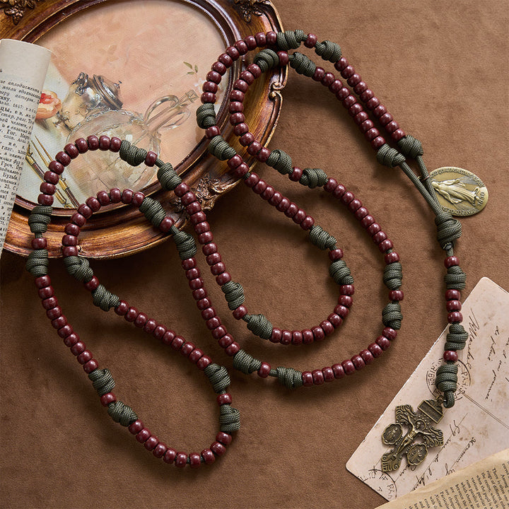 Christianartworkshop 15 Decade Paracord Brown Barrel Bead Miraculous Medal Triple Panel Crucifix Rosary - image 4