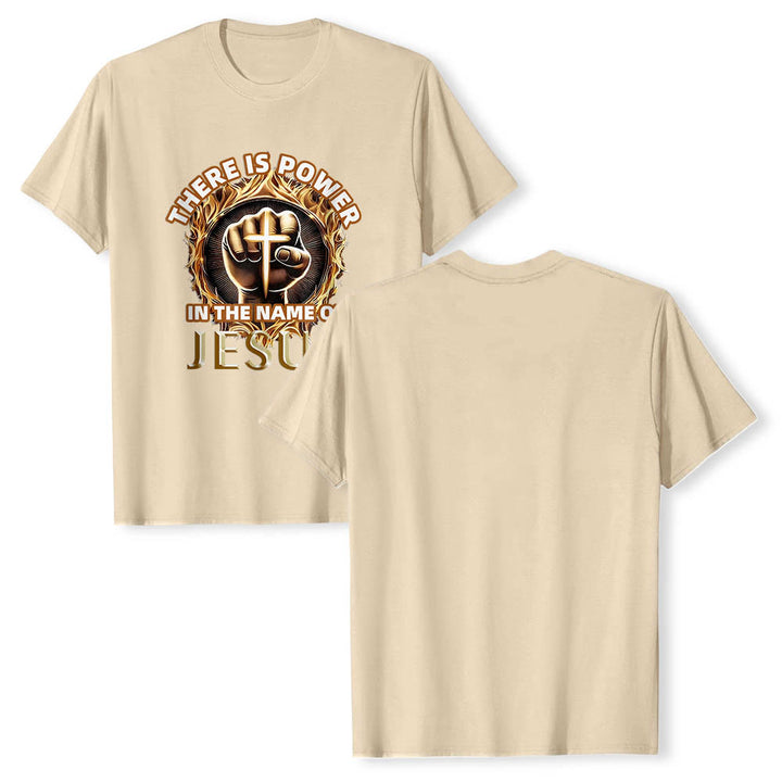 Christianartworkshop There Is Power In The Name Of Jesus Clenched Fist Cross Flame Circular Short Sleeve T-Shirt - image 19