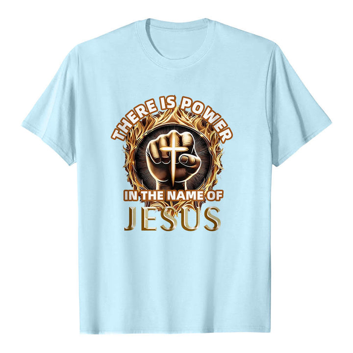 Christianartworkshop There Is Power In The Name Of Jesus Clenched Fist Cross Flame Circular Short Sleeve T-Shirt - Blue - 2XL - image 9