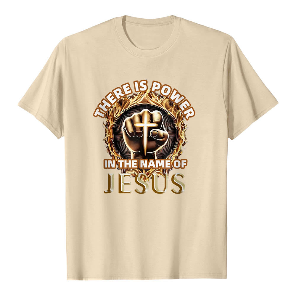 Christianartworkshop There Is Power In The Name Of Jesus Clenched Fist Cross Flame Circular Short Sleeve T-Shirt - Beige - 2XL - image 18