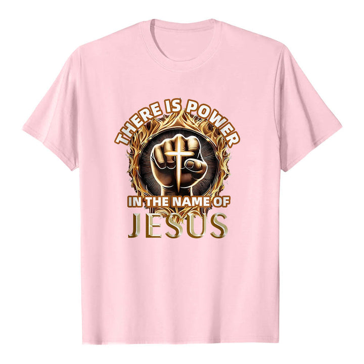 Christianartworkshop There Is Power In The Name Of Jesus Clenched Fist Cross Flame Circular Short Sleeve T-Shirt - Pink - 2XL - image 24
