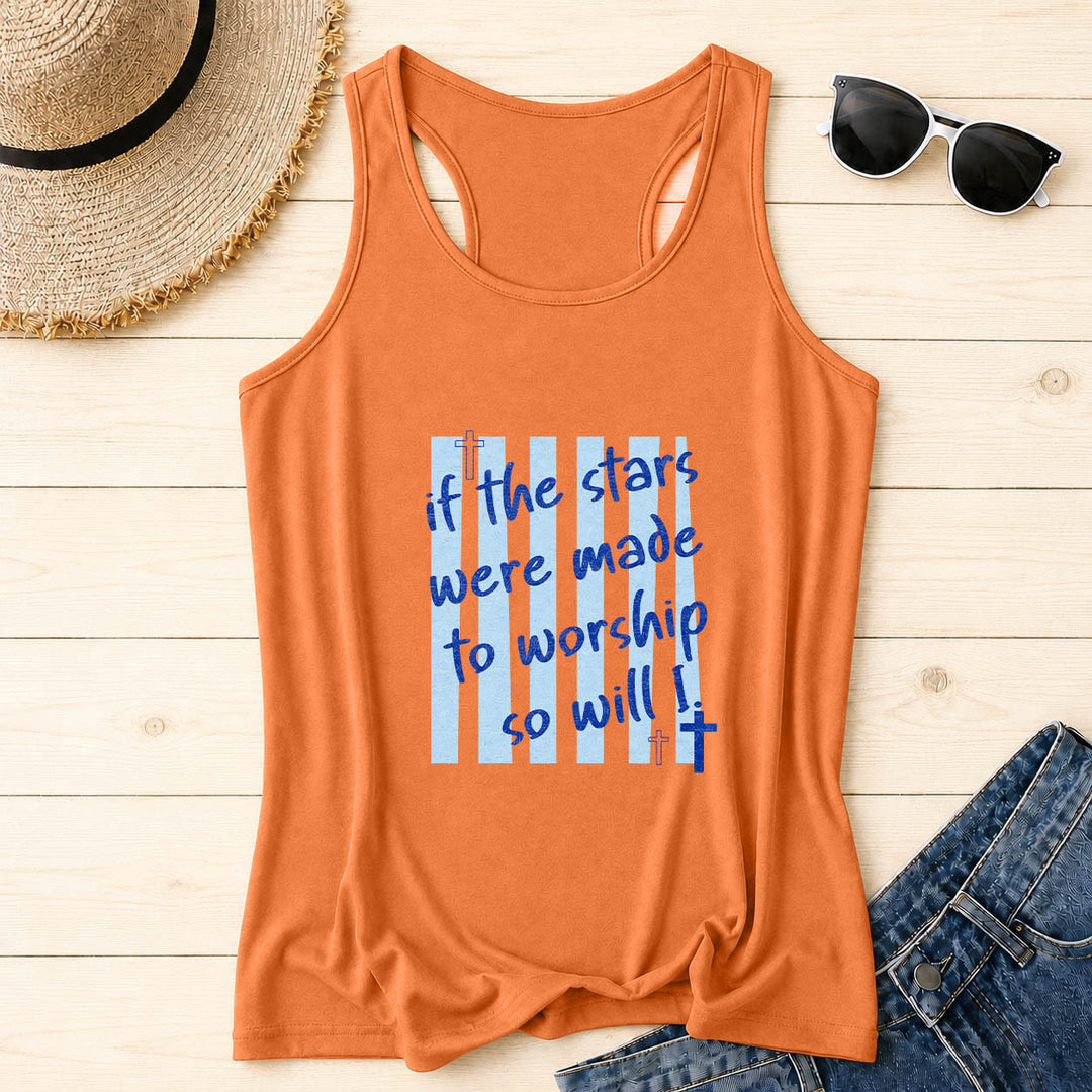 Christianartworkshop If The Stars Were Made To Worship So Will I Striped Background Cross Accent Front Print Racerback Tank Top - Orange - 2XL - image 10