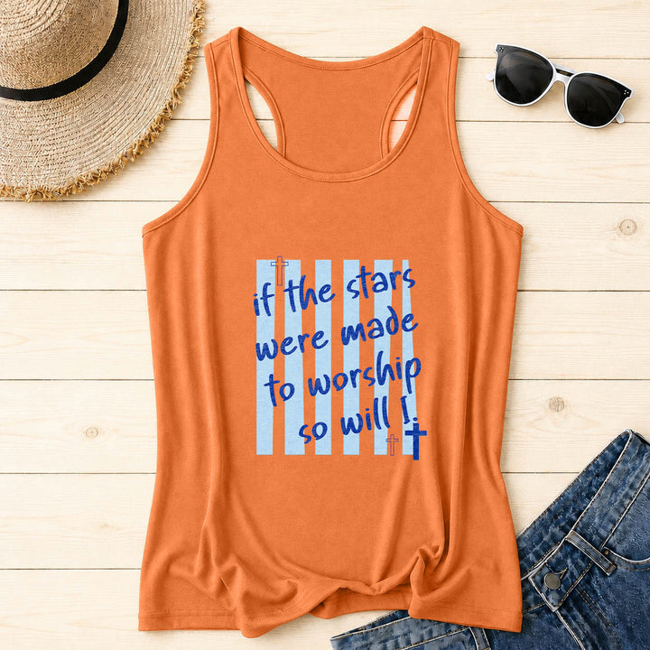 Christianartworkshop If The Stars Were Made To Worship So Will I Striped Background Cross Accent Front Print Racerback Tank Top - Orange - 2XL - image 10
