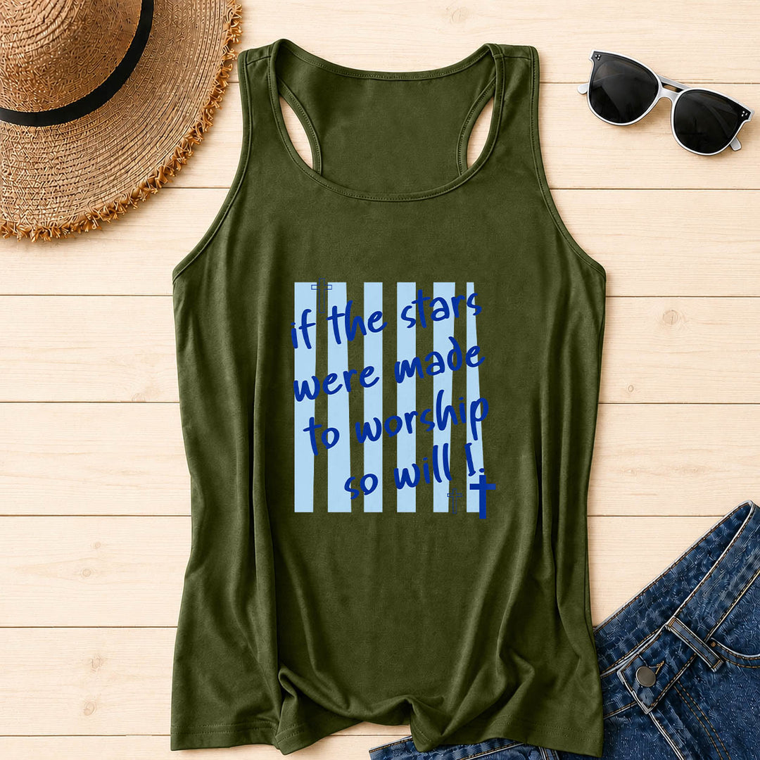 Christianartworkshop If The Stars Were Made To Worship So Will I Striped Background Cross Accent Front Print Racerback Tank Top - Army Green - 2XL - image 12