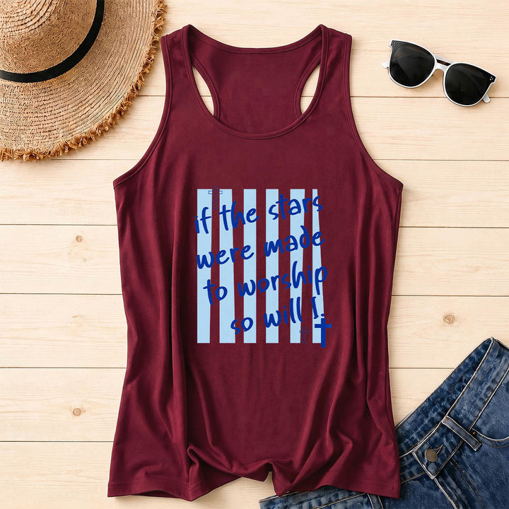 Christianartworkshop If The Stars Were Made To Worship So Will I Striped Background Cross Accent Front Print Racerback Tank Top - Wine - 2XL - image 4