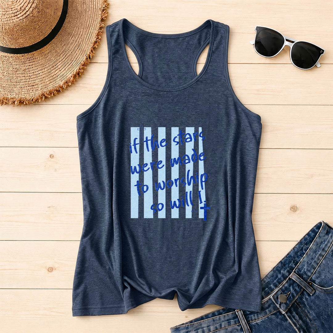 Christianartworkshop If The Stars Were Made To Worship So Will I Striped Background Cross Accent Front Print Racerback Tank Top - Navy Blue - 2XL - image 14