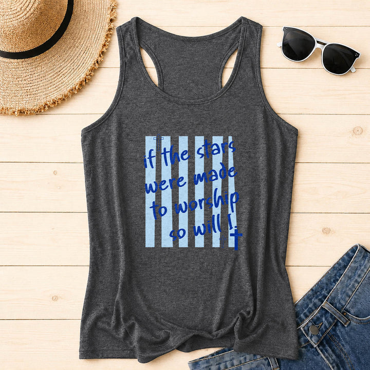 Christianartworkshop If The Stars Were Made To Worship So Will I Striped Background Cross Accent Front Print Racerback Tank Top - Grey - 2XL - image 8