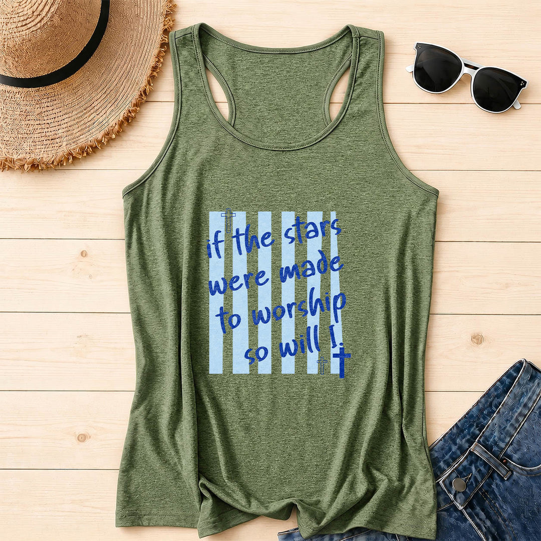 Christianartworkshop If The Stars Were Made To Worship So Will I Striped Background Cross Accent Front Print Racerback Tank Top - Olive Green - 2XL - image 16