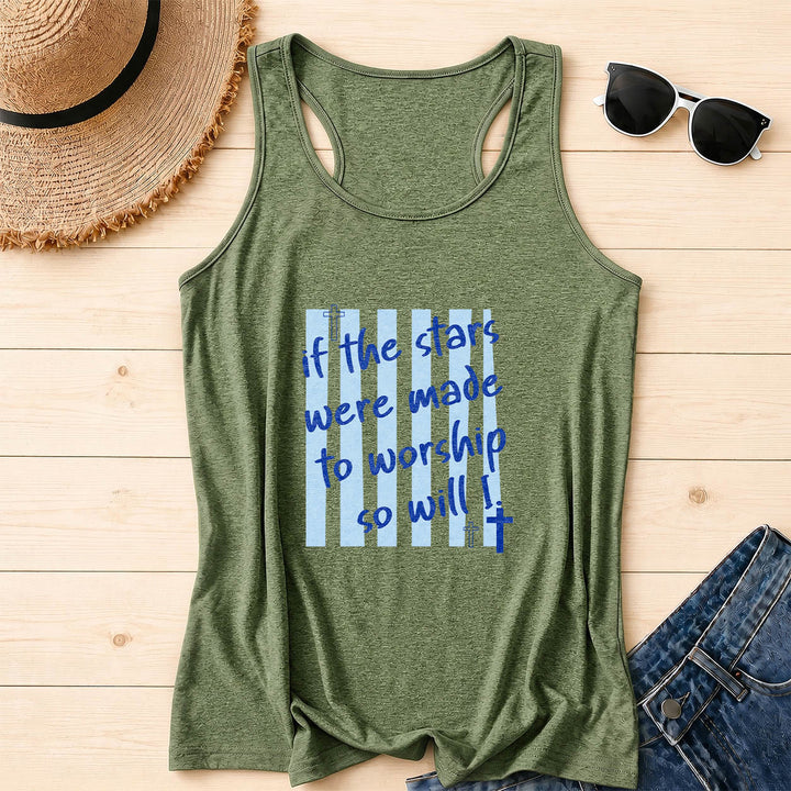 Christianartworkshop If The Stars Were Made To Worship So Will I Striped Background Cross Accent Front Print Racerback Tank Top - Olive Green - 2XL - image 16