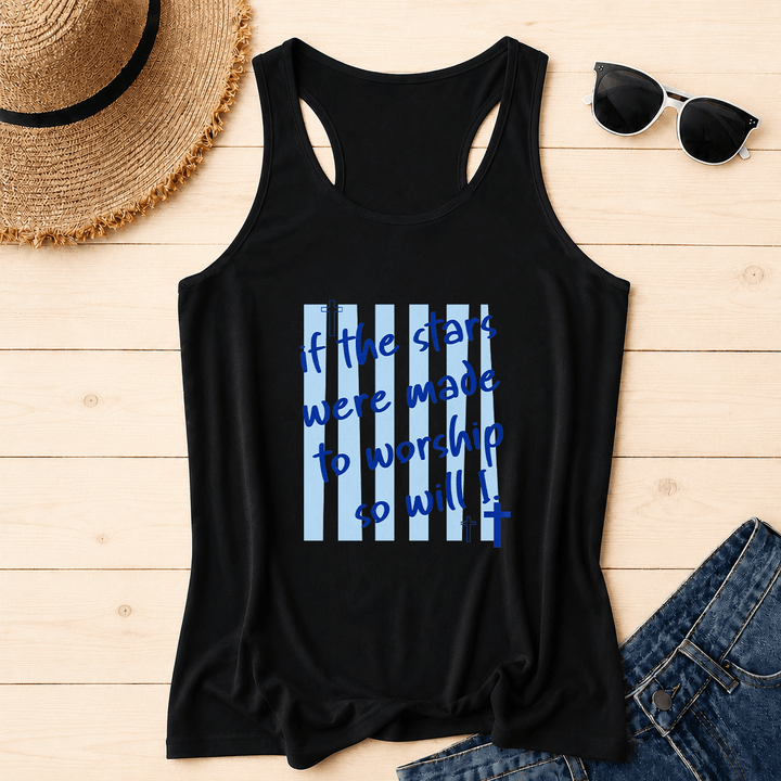 Christianartworkshop If The Stars Were Made To Worship So Will I Striped Background Cross Accent Front Print Racerback Tank Top - Black - 2XL - image 2