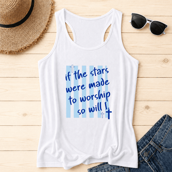 Christianartworkshop If The Stars Were Made To Worship So Will I Striped Background Cross Accent Front Print Racerback Tank Top - White - 2XL - image 6