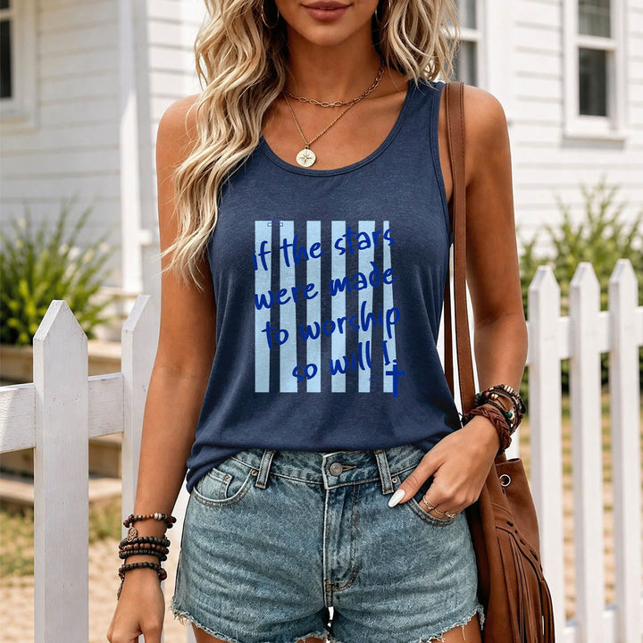 Christianartworkshop If The Stars Were Made To Worship So Will I Striped Background Cross Accent Front Print Racerback Tank Top - image 15